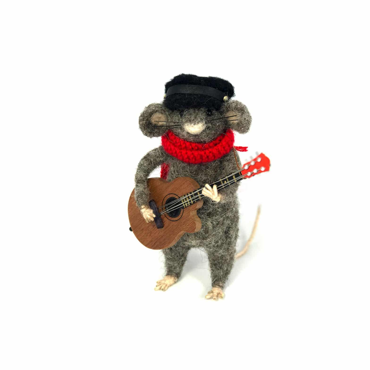 a card design of a needle-felted mouse playing a guitar