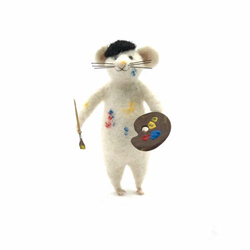 a card design of a needle-felted arty mouse called 'Artemous'