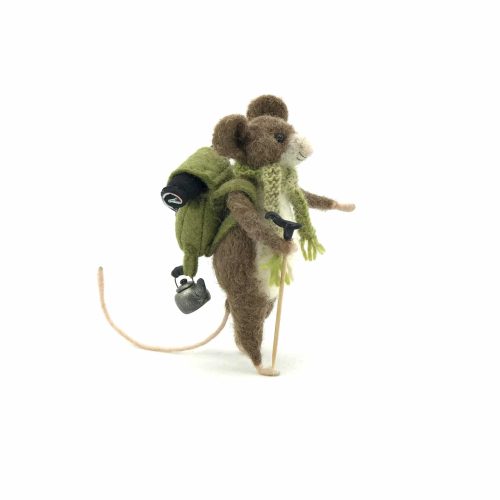 a blank card of a needle-felted mouse called Edmund the hiker mouse. He has a rucksack and a kettle hanging formats straps.