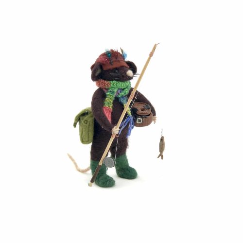 card design of needle-felted mouse dressed up as a fisherman