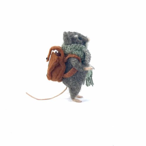 card design of a needle-felted mouse with a rucksack on his back