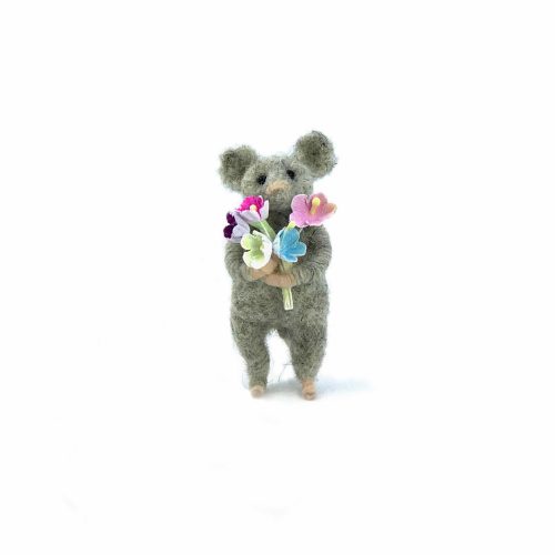 a card design of a needle-felted mouse holding a bunch of flowers.