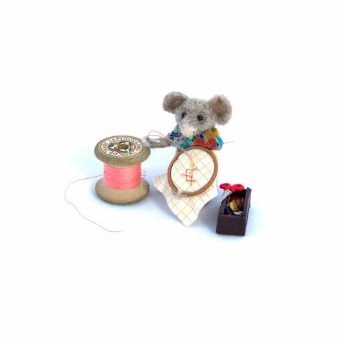 a card design of a needle-felted mouse doing some embroidery