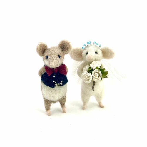 a card design of two needle-felted mice dressed in wedding clothes